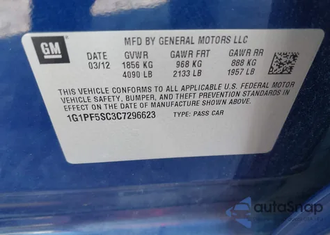 2012 Chevrolet Cruze 1Lt z USA, uszkodzony, nr VIN 1G1PF5SC3C7296623